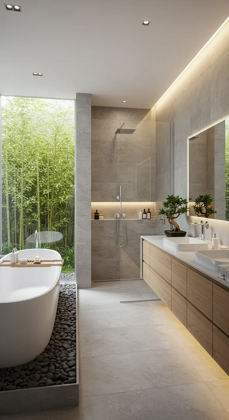 Moderne badkamer met vrijstaand bad, kiezelstrook, bamboewand buiten en indirecte verlichting.