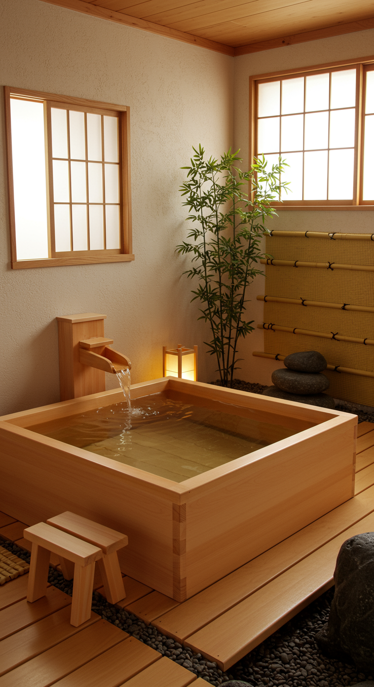 Houten Japanse Ofuro badkuip met bamboe, stenen en een houten waterloop.