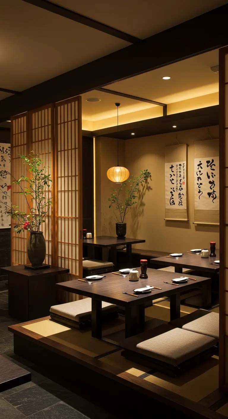 Traditionele Japanse eetkamer met lage tafels, zitkussens en shoji-schermen.