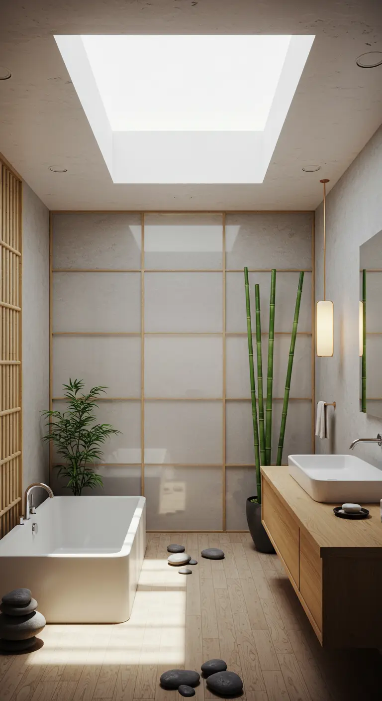 Zen badkamer met lichtkoepel, bamboeplanten en Japans-geïnspireerde schuifwanden.