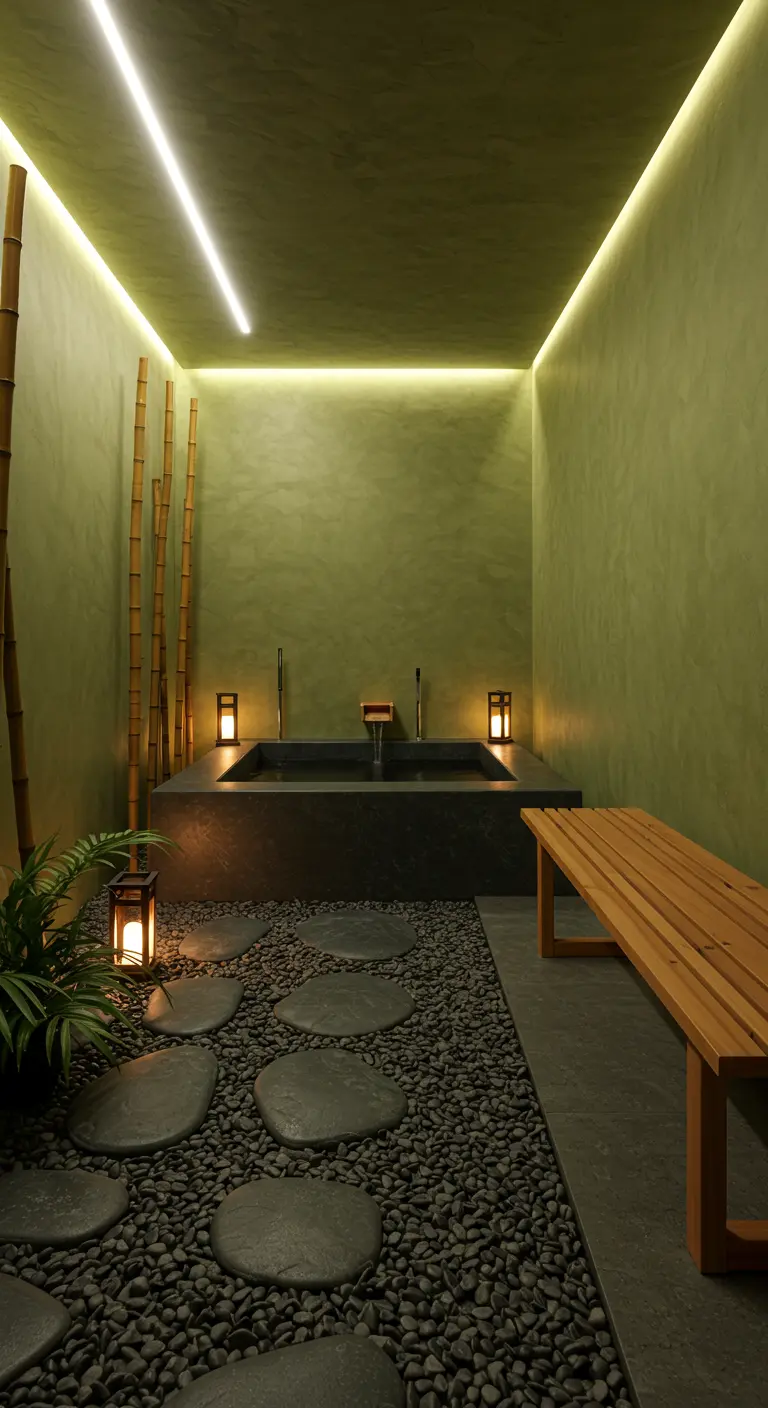 Zen badkamer met groene tadelakt muren, verzonken bad, keienpad en bamboe.