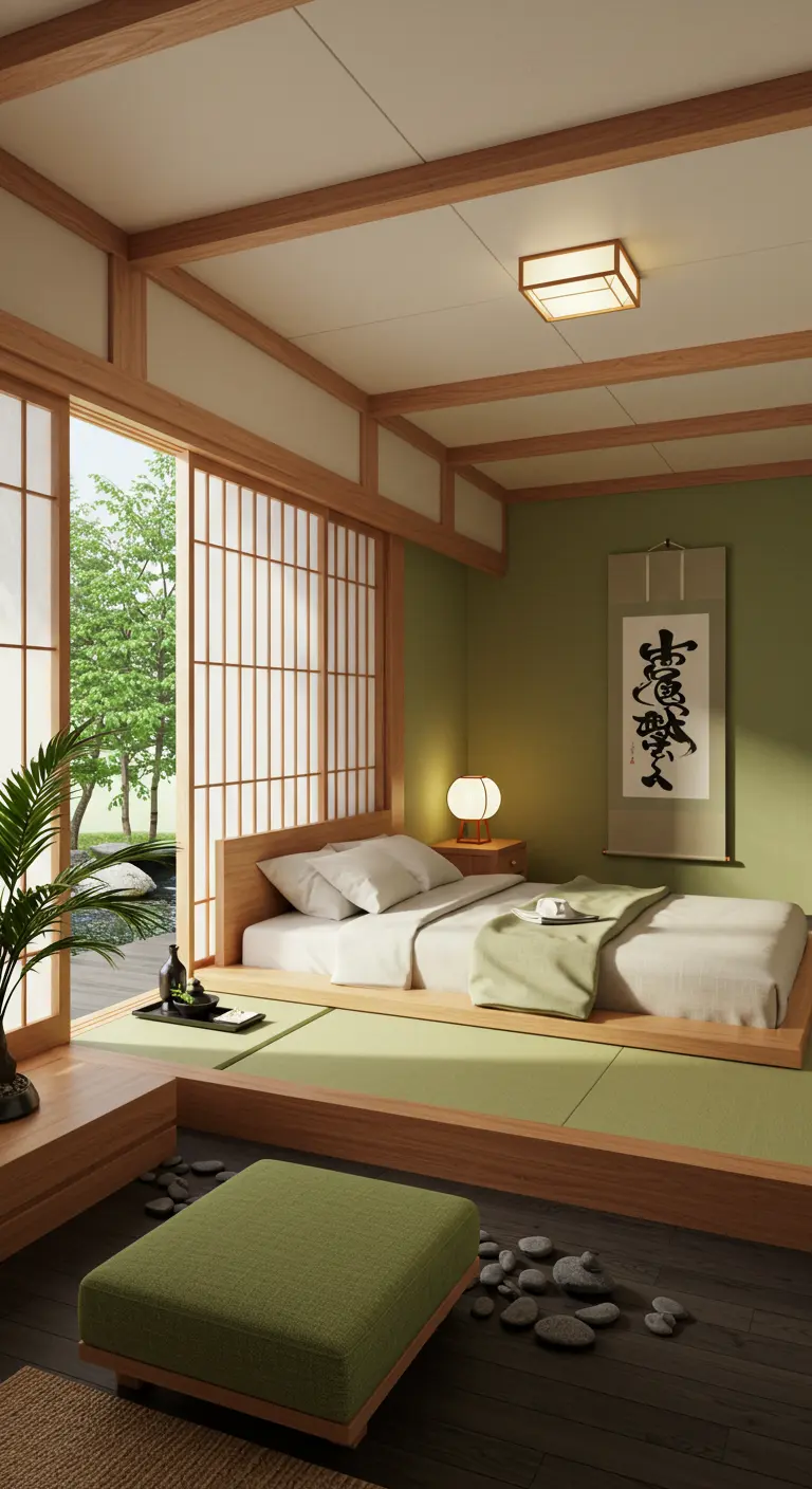 Japanse slaapkamer met lage bedden, tatami-matten en rustgevend groen.