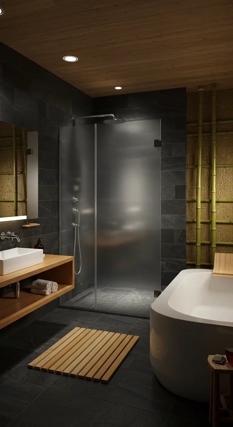 Donkere badkamer in Japanse stijl met matglazen douchewand en houten accenten.