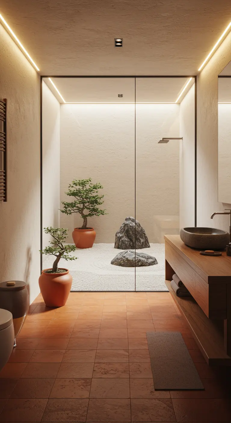 Zen-badkamer met terracotta vloer, glazen douchewand, witte grindtuin en bonsaibomen.