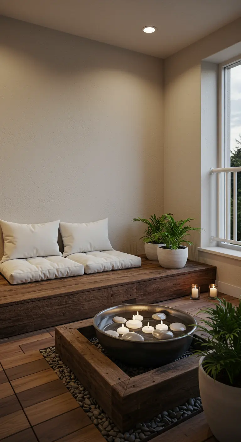 Minimalistisch balkon met verhoogd houten platform, zachte kussens en een waterbak met kaarsen.