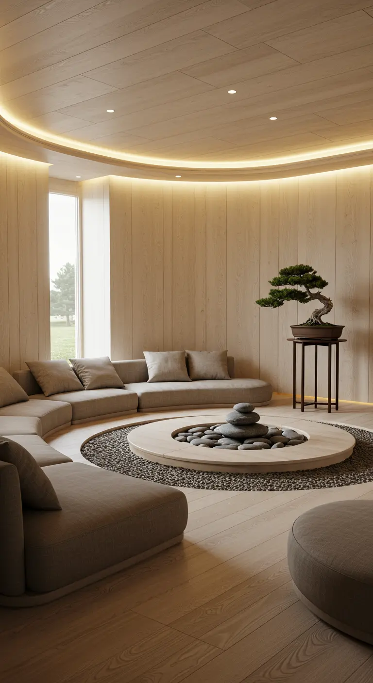 Zen woonkamer met ronde houten elementen, kiezelsteen cirkel en bonsai boom.