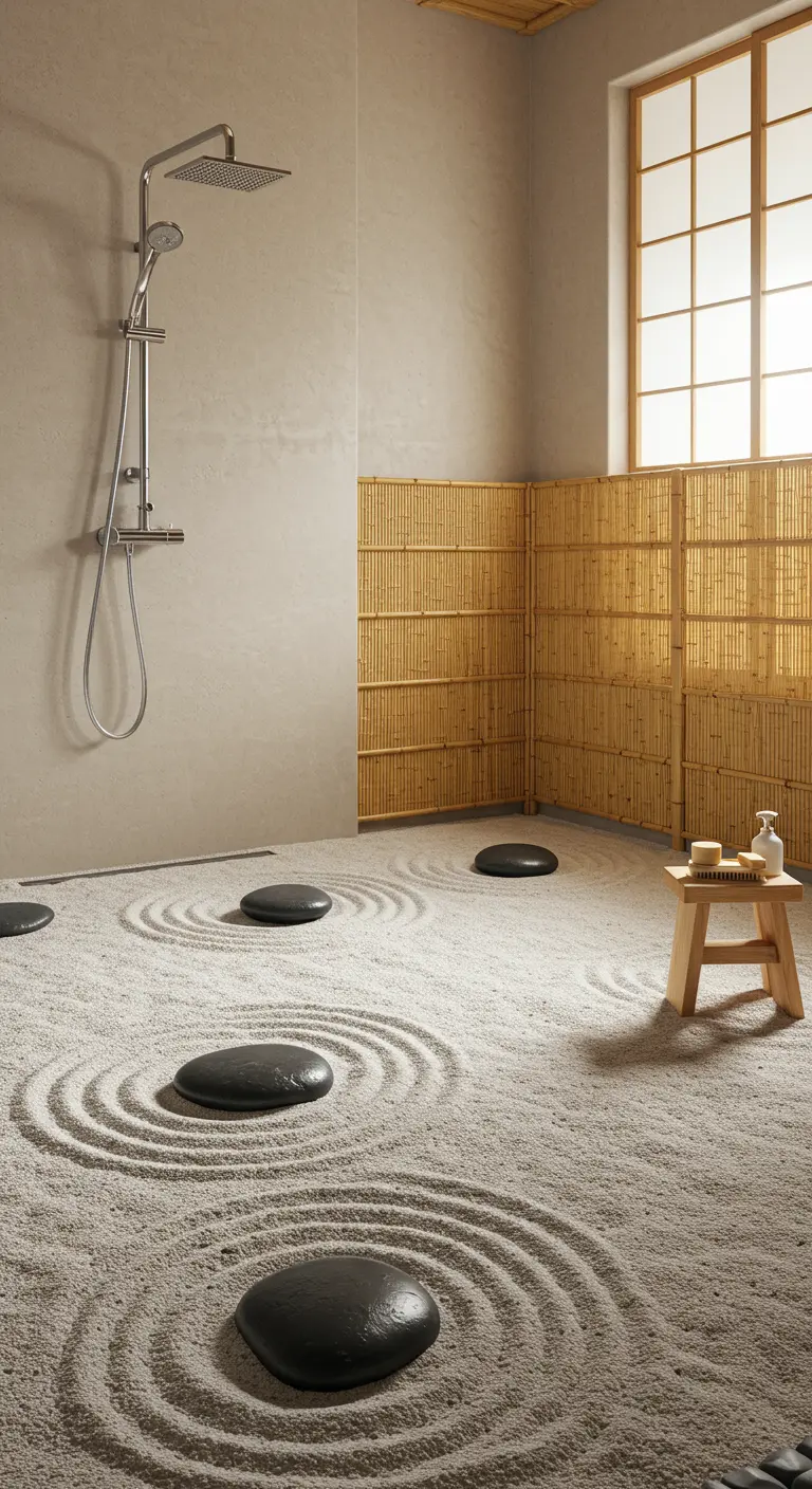 Douchevloer geïnspireerd op een Japanse zentuin, met zandpatronen en grote platte stenen.