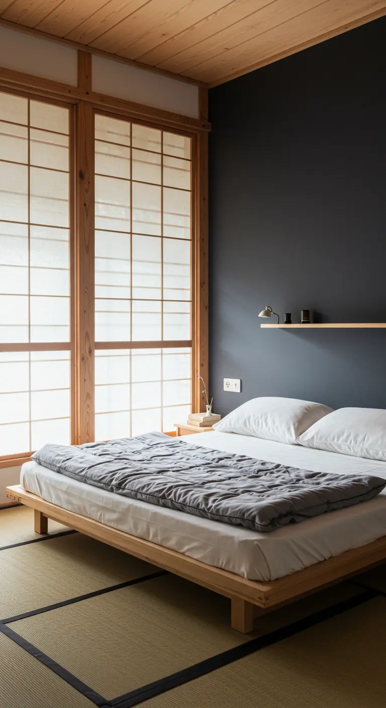 Minimalistische slaapkamer in Japanse stijl met een laag bed en shoji-ramen.