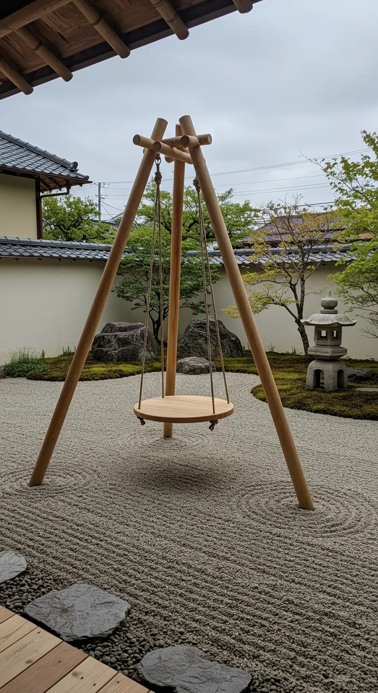 Ronde houten schommel aan een houten driepootconstructie in een Japanse tuin.