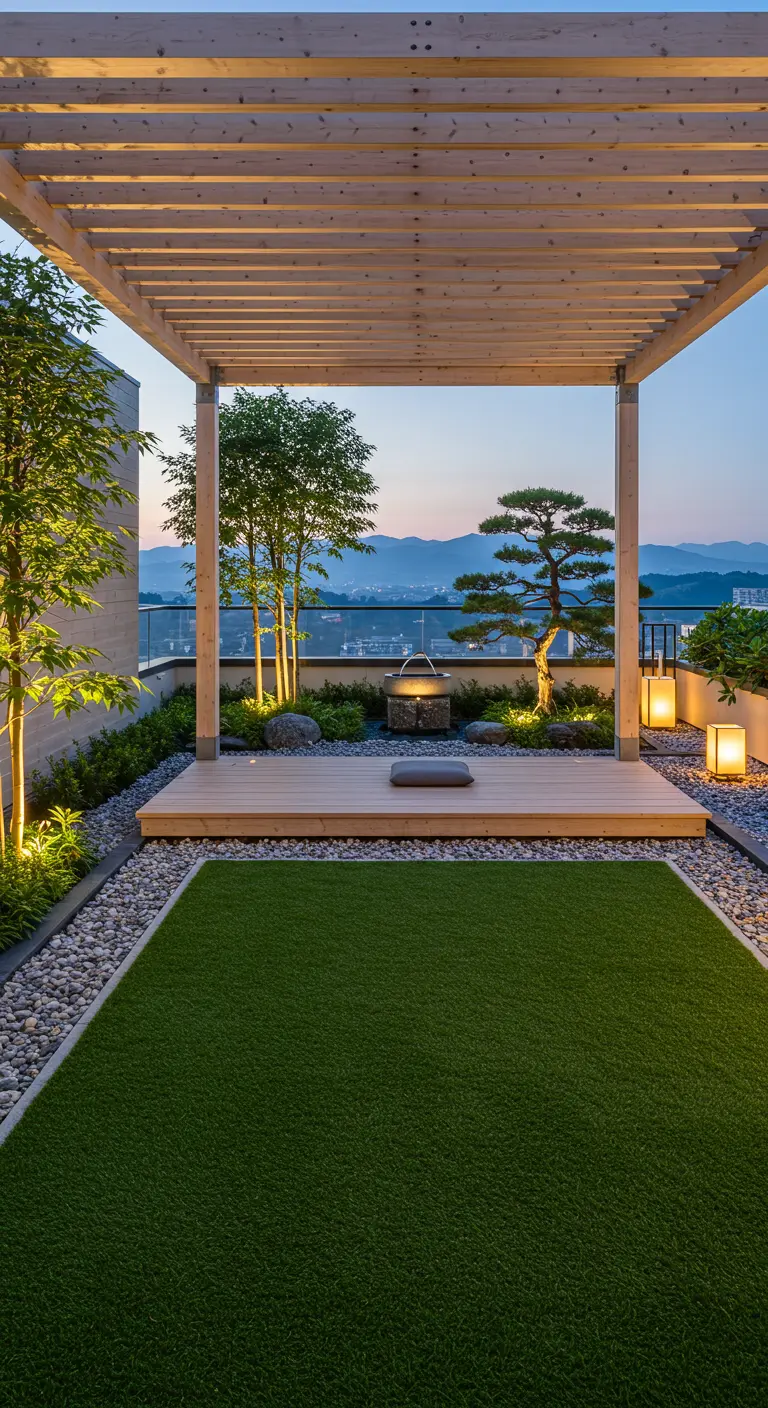 Rustige zen daktuin met houten pergola, kunstgras, kiezelstenen, vlonder en bonsai boom.