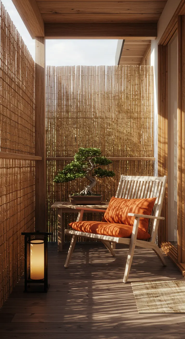 Houten loungestoel met oranje kussen op een balkon met bamboescherm en bonsaiboom.