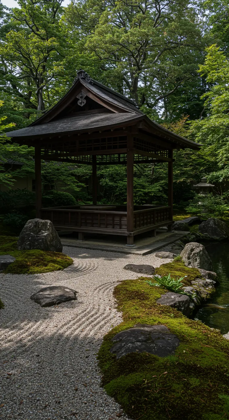 Donkerhouten Japans paviljoen in een zentuin met grind, mos en een vijver.