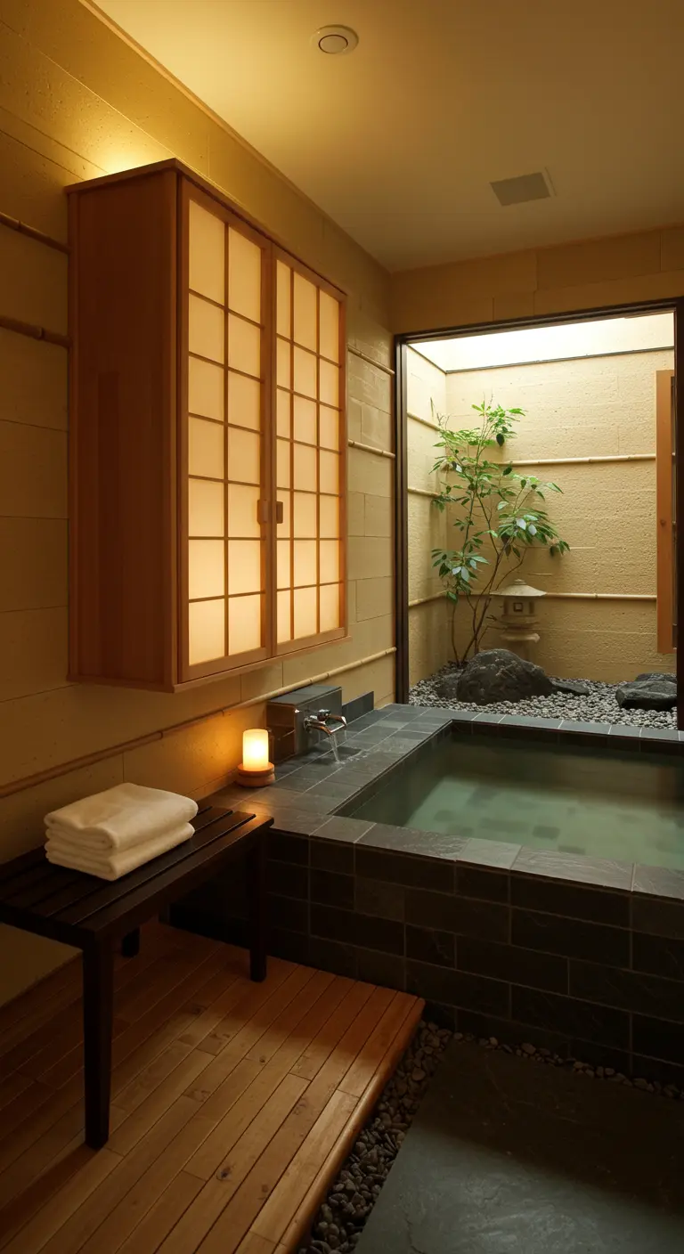 Japanse stijl badkamer met houten kast met shoji-deuren en verzonken bad.
