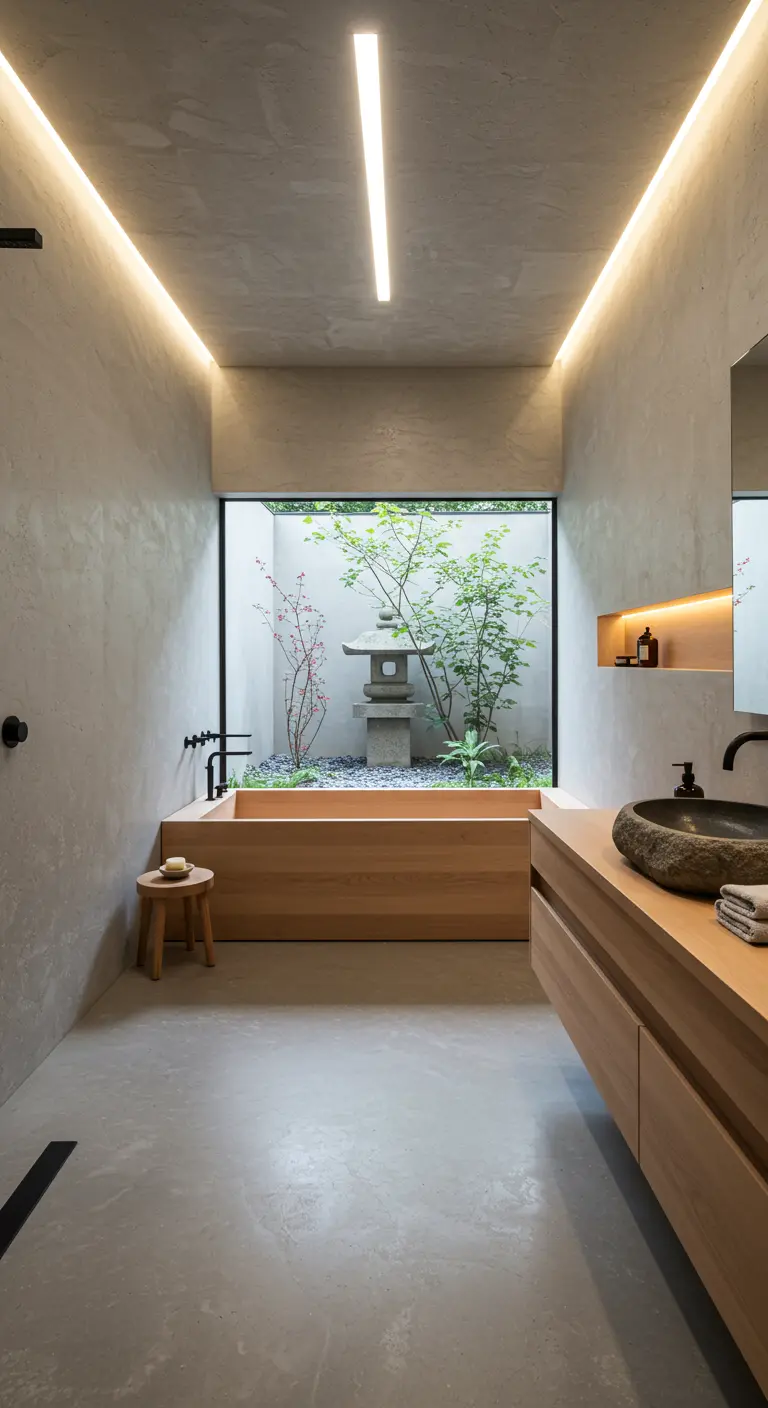 Minimalistische badkamer met houten bad, beton ciré muren en zicht op Japanse tuin.