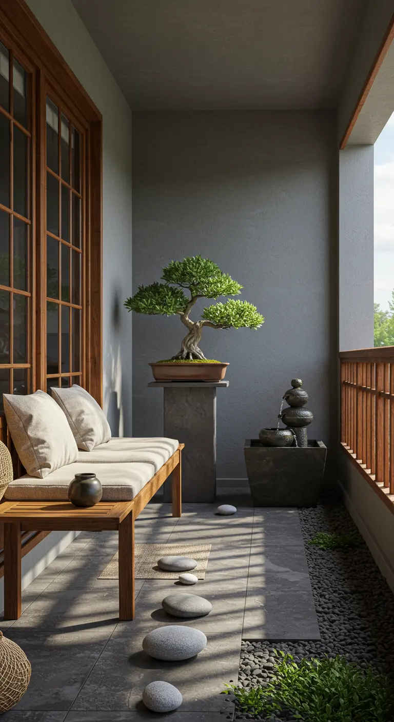Zen-balkon met bonsaiboom, stenen, waterfontein en houten bank.