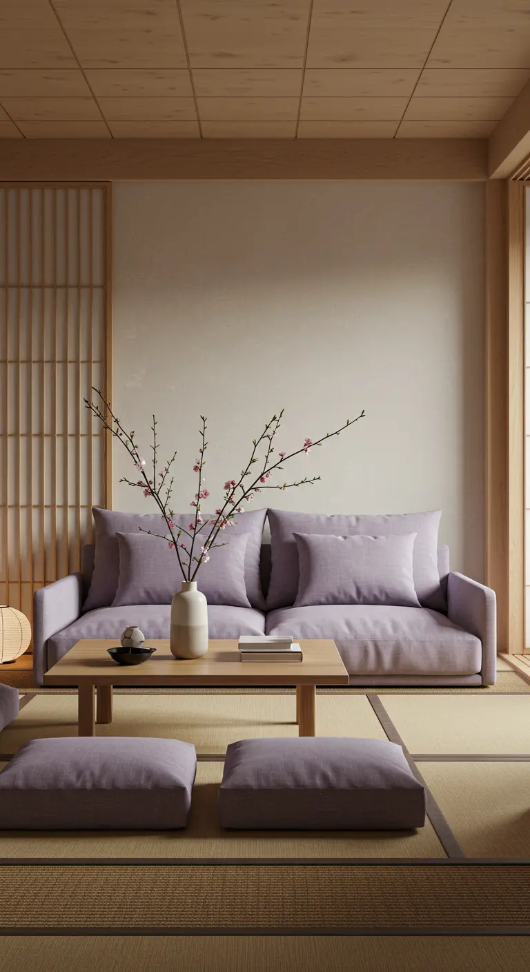 Japandi woonkamer met lage lavendel bank, houten lamellen, tatami matten en bloesemtak.