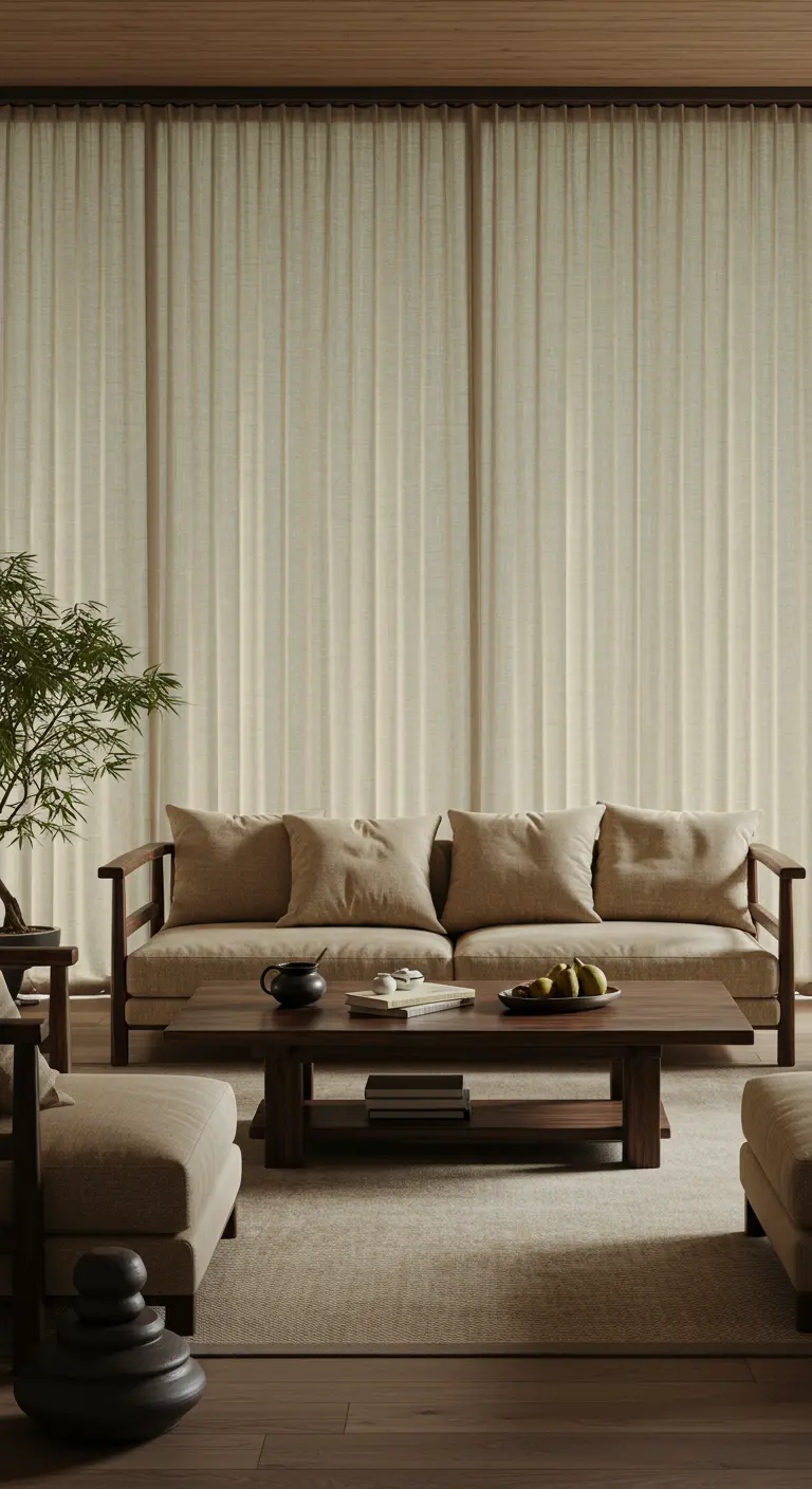 Japandi-stijl woonkamer met lichte, natuurlijke gordijnen, een houten bank en minimalistische decoratie.