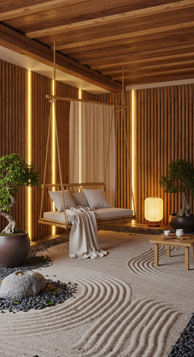 Minimalistische houten schommelbank in een overdekte buitenruimte met houten lambrisering, verticale LED-verlichting, zandtuin en bonsaiboompjes.