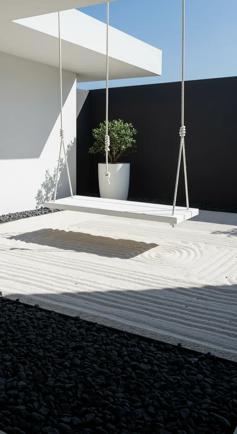 Witte houten schommelplank boven wit geruimd zand met zwarte kiezels en een groene plant.