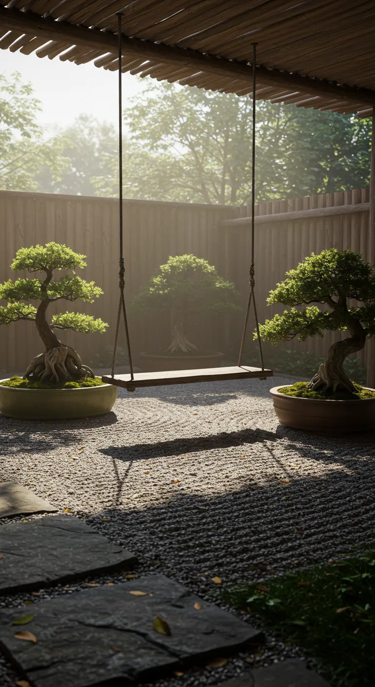Eenvoudige houten schommel in Japanse tuin tussen twee bonsai-achtige bomen op grind.