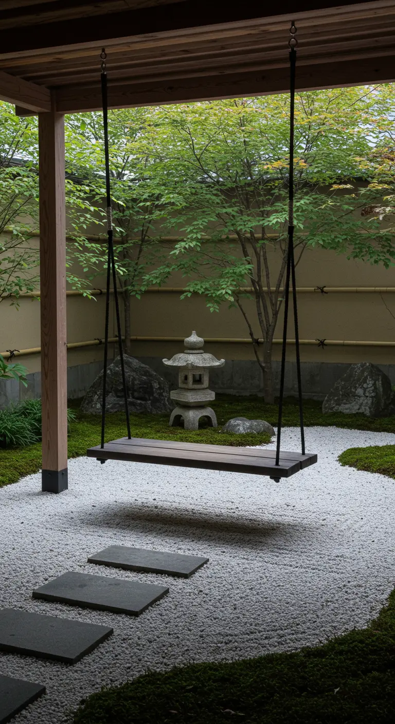 Eenvoudige houten schommel in een serene Japanse tuin.