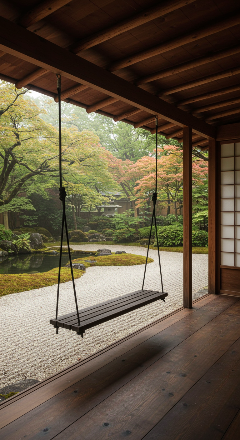 Minimalistische houten schommel op veranda met uitzicht op Japanse tuin.