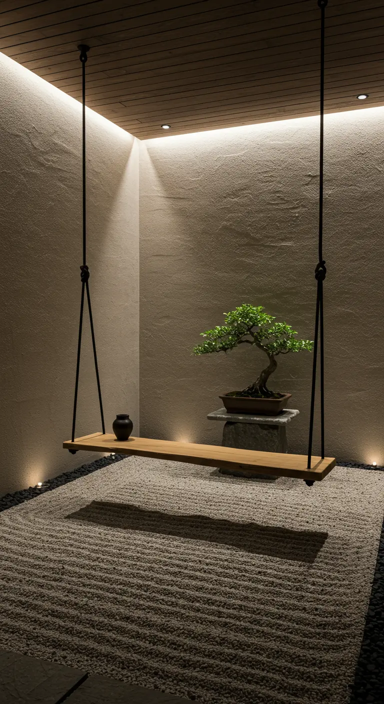 Minimalistische houten schommel boven grindtuin met bonsai en subtiele verlichting.