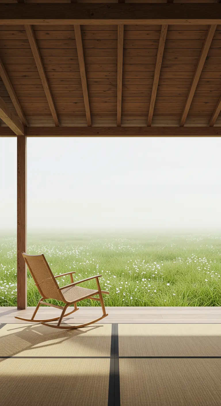 Rotan schommelstoel op minimalistische houten veranda met tatamimatten en mistig veld.