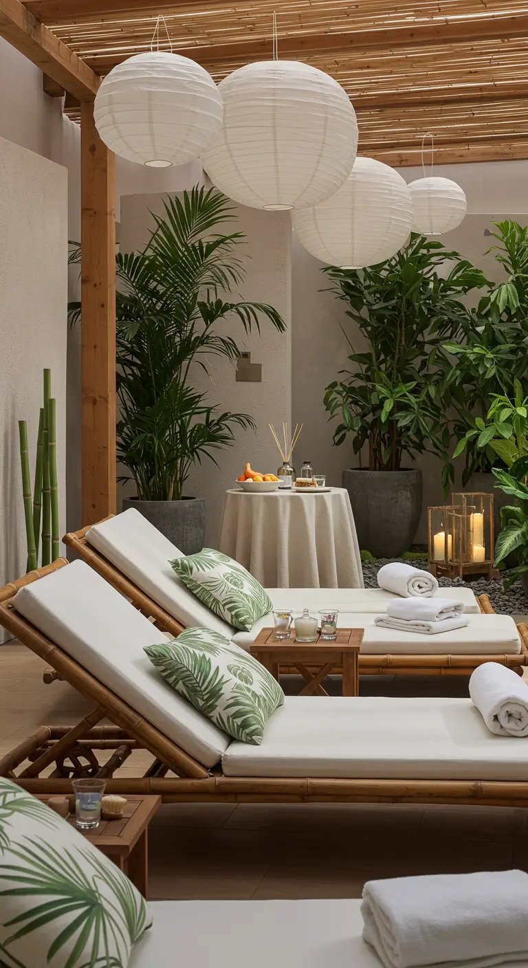 Relaxruimte met bamboe ligbedden, palmbladprint kussens en witte lampionnen.
