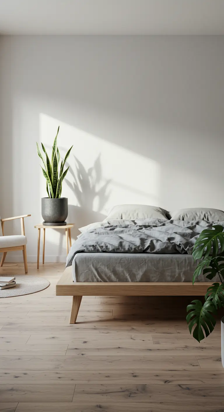 Minimalistische slaapkamer met een Sansevieria naast het bed en zacht zonlicht.