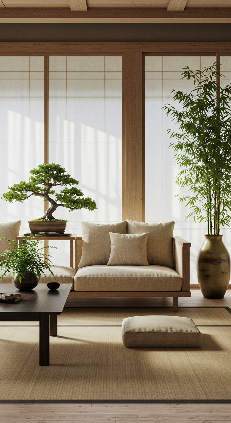 Japandi-stijl woonkamer met houten meubels, bonsai en bamboe.