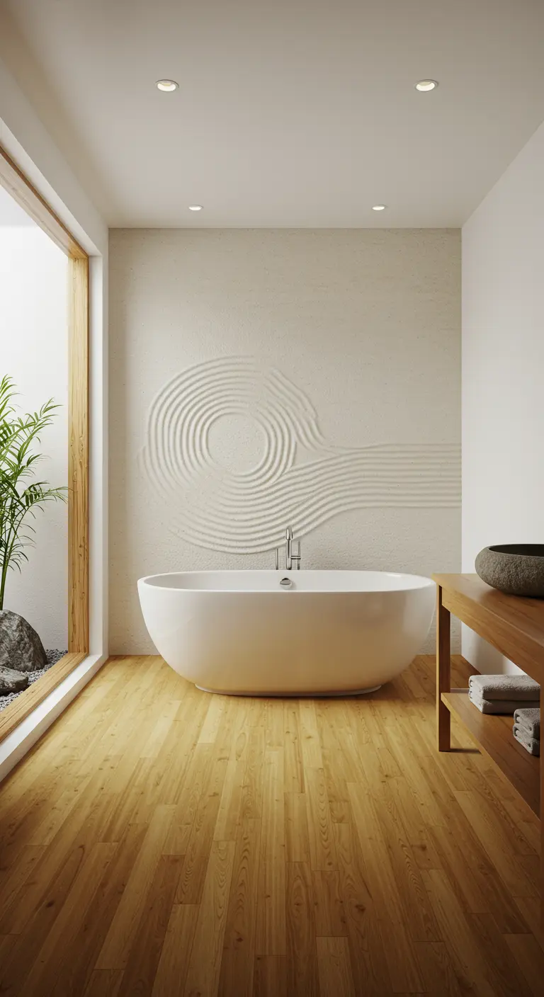 Serene badkamer met minimalistisch bad, houten vloer en een zandtuin-achtig reliëf op de wand.