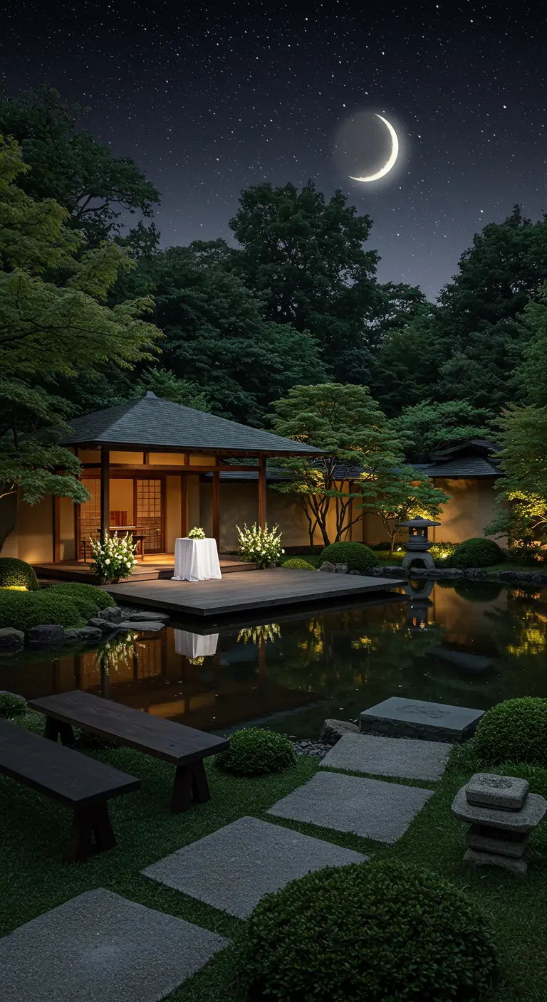 Japanse tuin ceremonie 's nachts met verlichte bomen, vijver en maanreflectie.