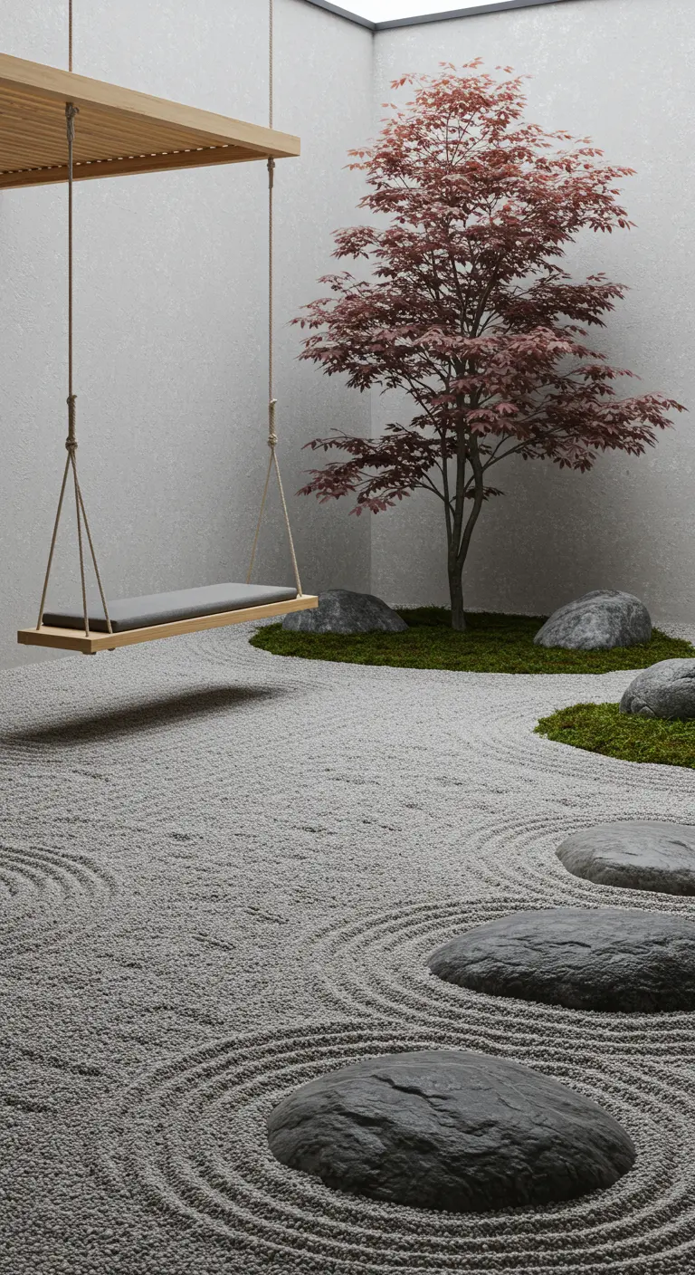 Minimalistische houten schommelplank met grijs kussen in een zen-tuin met kiezelstenen en een Japanse esdoorn.