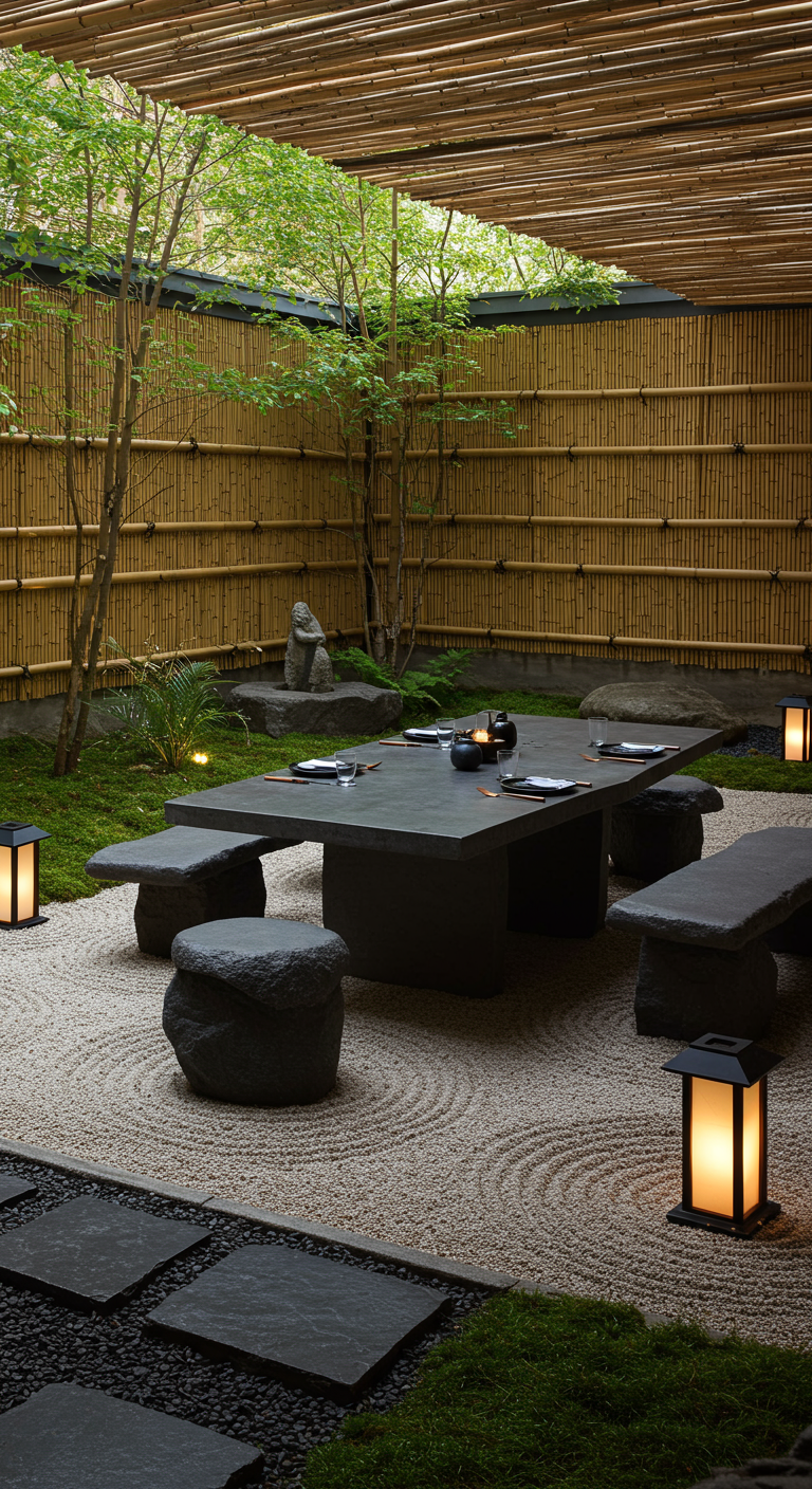 Asymmetrische stenen eettafel en banken in een Japanse zentuin.
