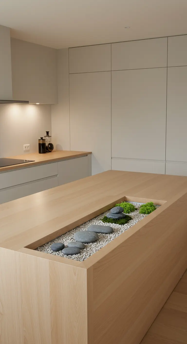 Minimalistische keuken met houten kookeiland en geïntegreerde zentuin met stenen en plantjes.