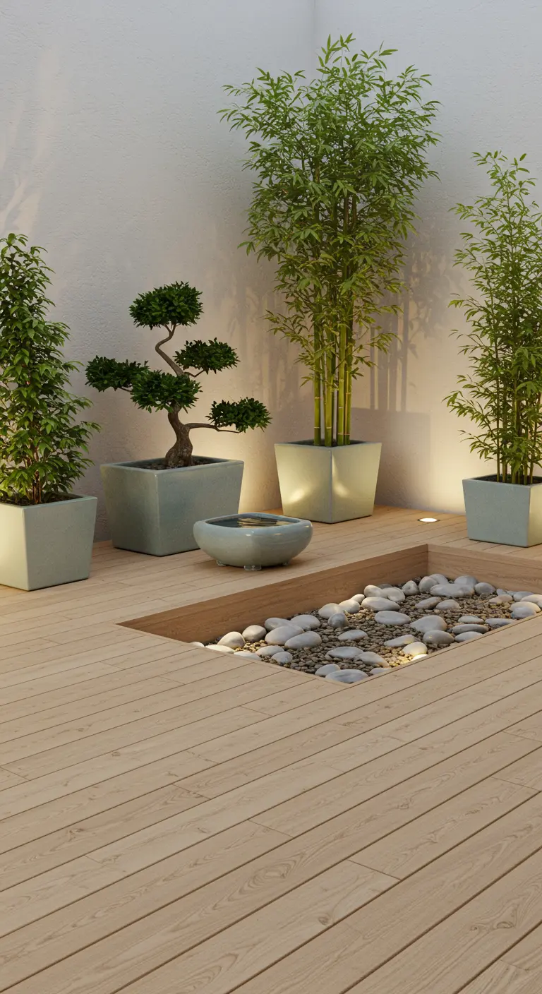 Minimalistische tuin met houten vlonder, grindput, bamboe in grijze pastel potten.