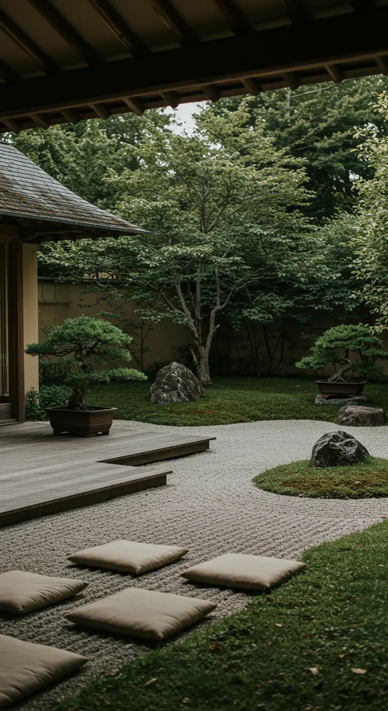 Japanse zen-tuin met kiezelpad, bonsaibomen, en lage kussens op een houten terras.