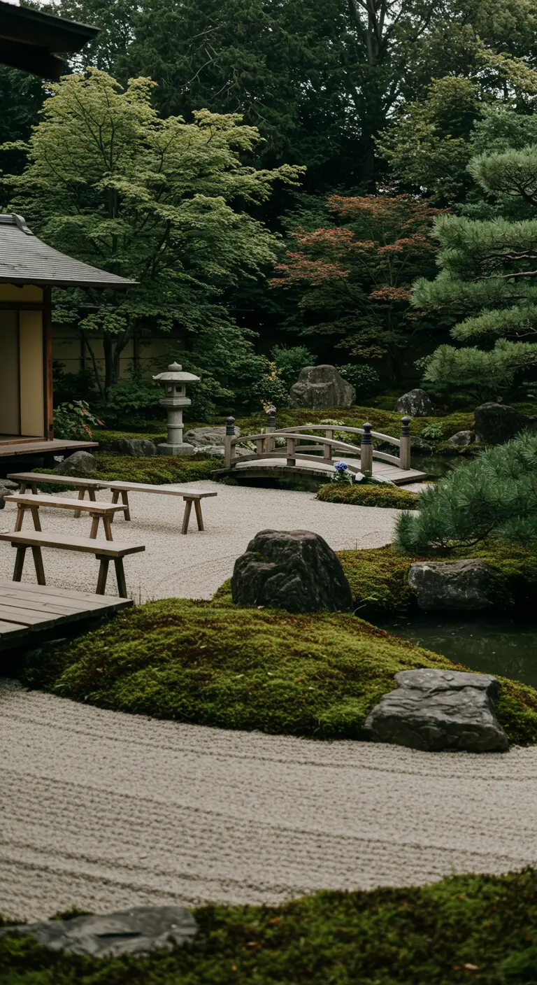 Japanse zen-tuin met grind, mos, stenen en houten brug.