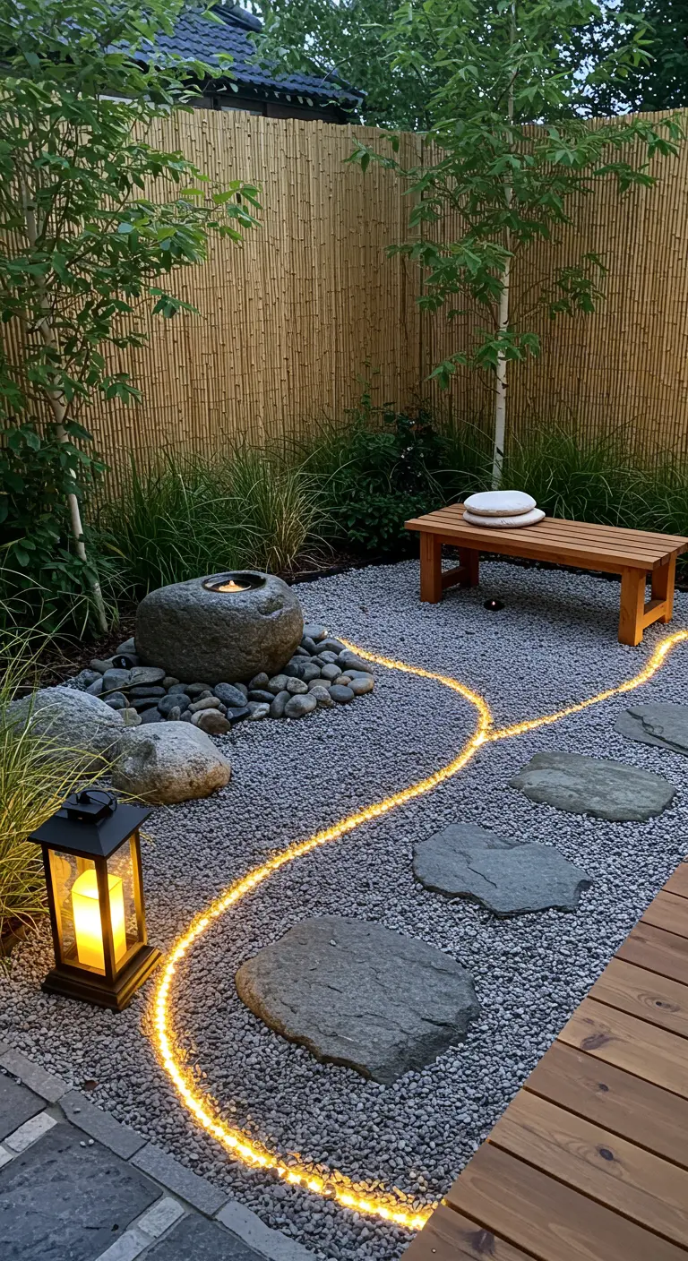 Zen tuinpad met stapstenen, grind, verlicht touw en een waterornament.