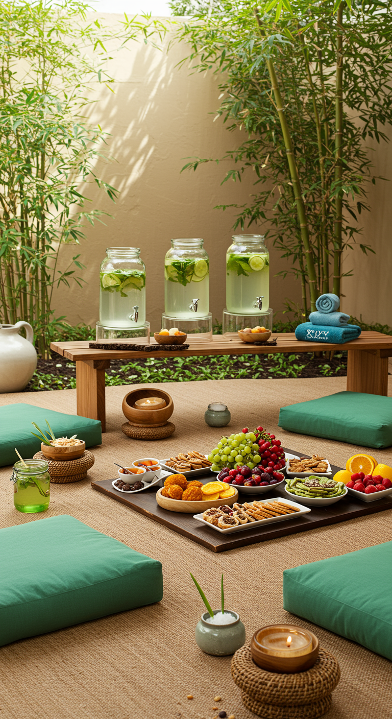 Ontspannen spa-setting met bamboe, fruitwater, vers fruit en zachte kussens.