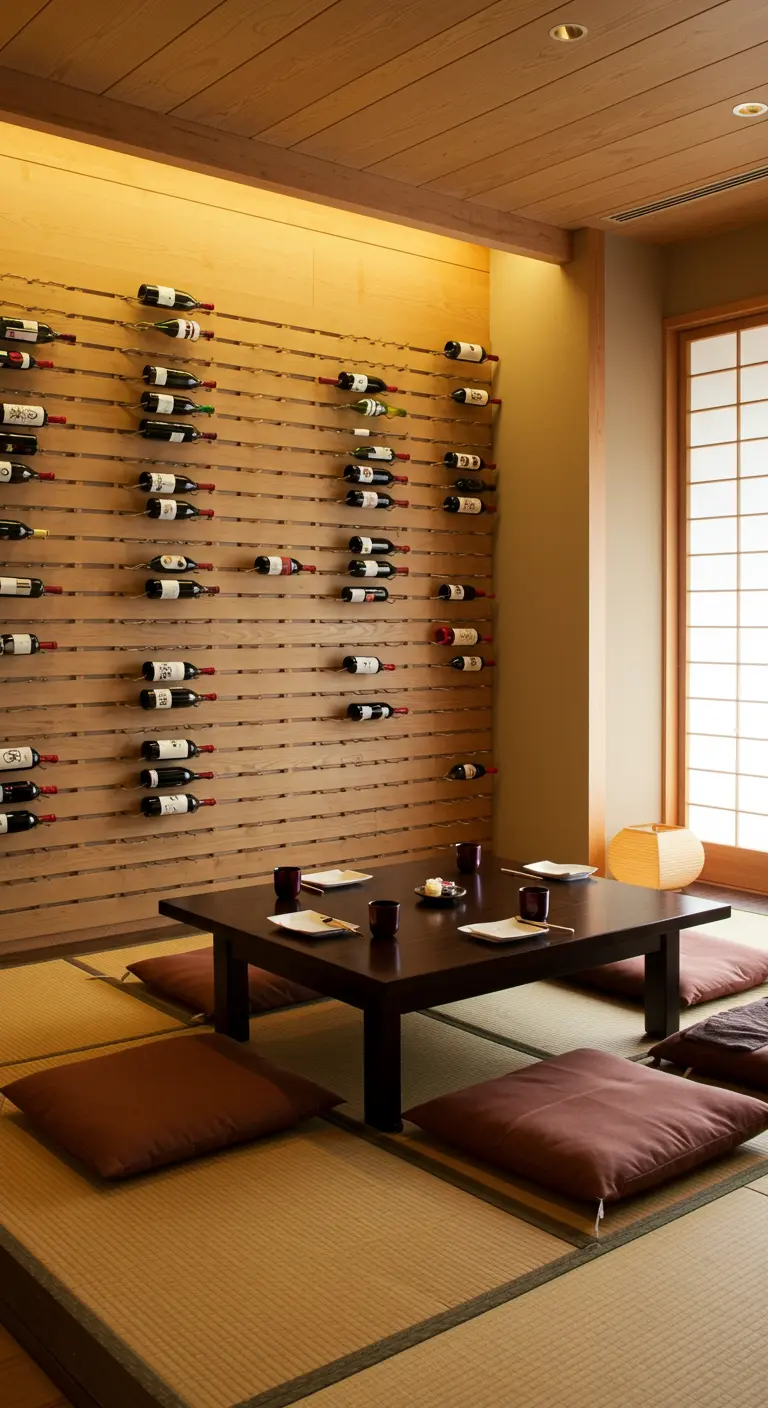 Japandi-stijl eetruimte met wijnflessen horizontaal opgeslagen aan een houten lattenwand.