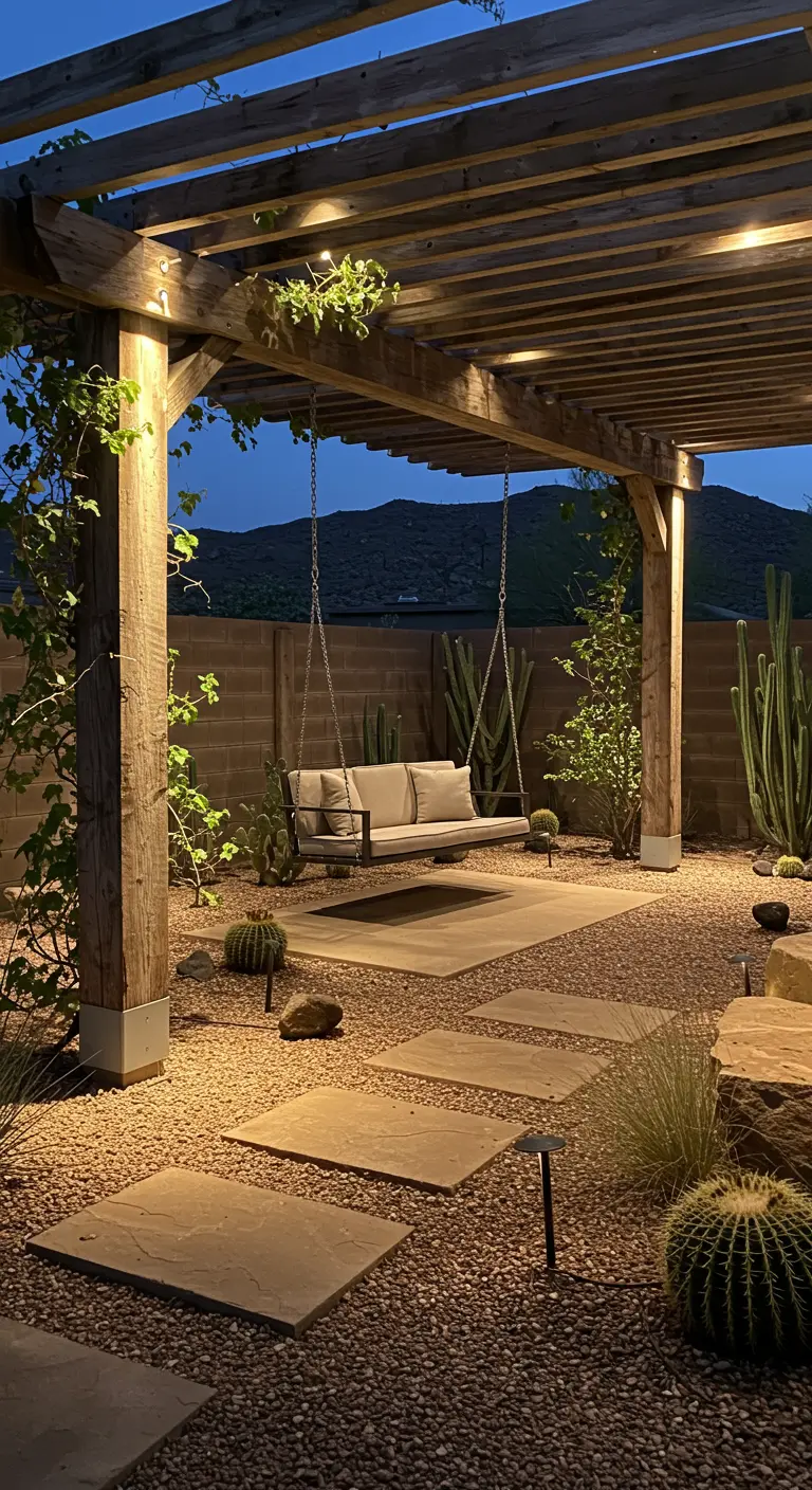 Houten pergola met schommelbank, grindpad, stapstenen, cactussen en subtiele verlichting in een woestijntuin.