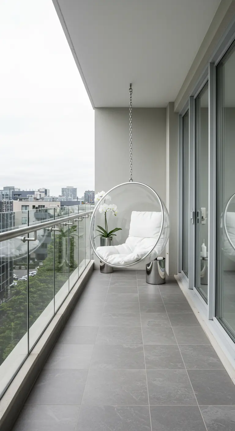 Minimalistisch balkon met transparante hangstoel en uitzicht over de stad.