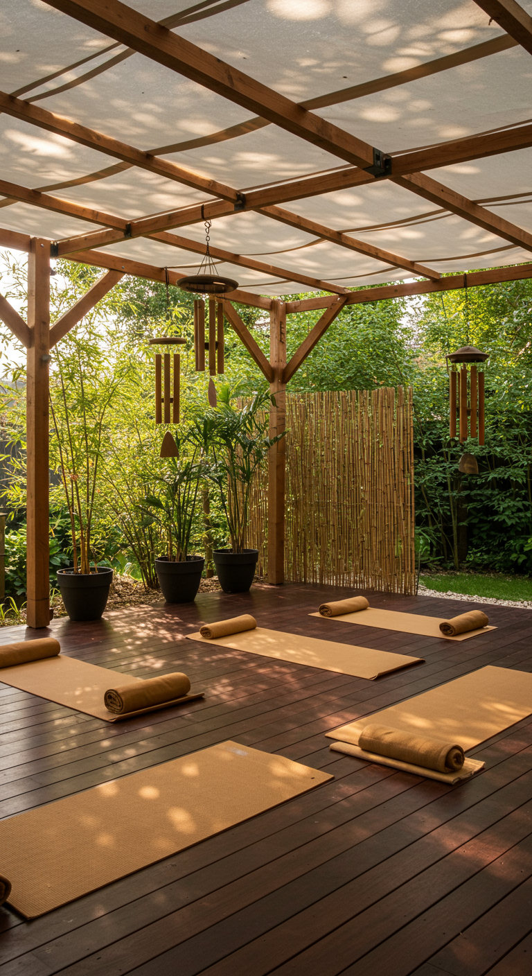 Houten pergola met wit doek en bamboe schermen, ingericht als yoga- en meditatieruimte.