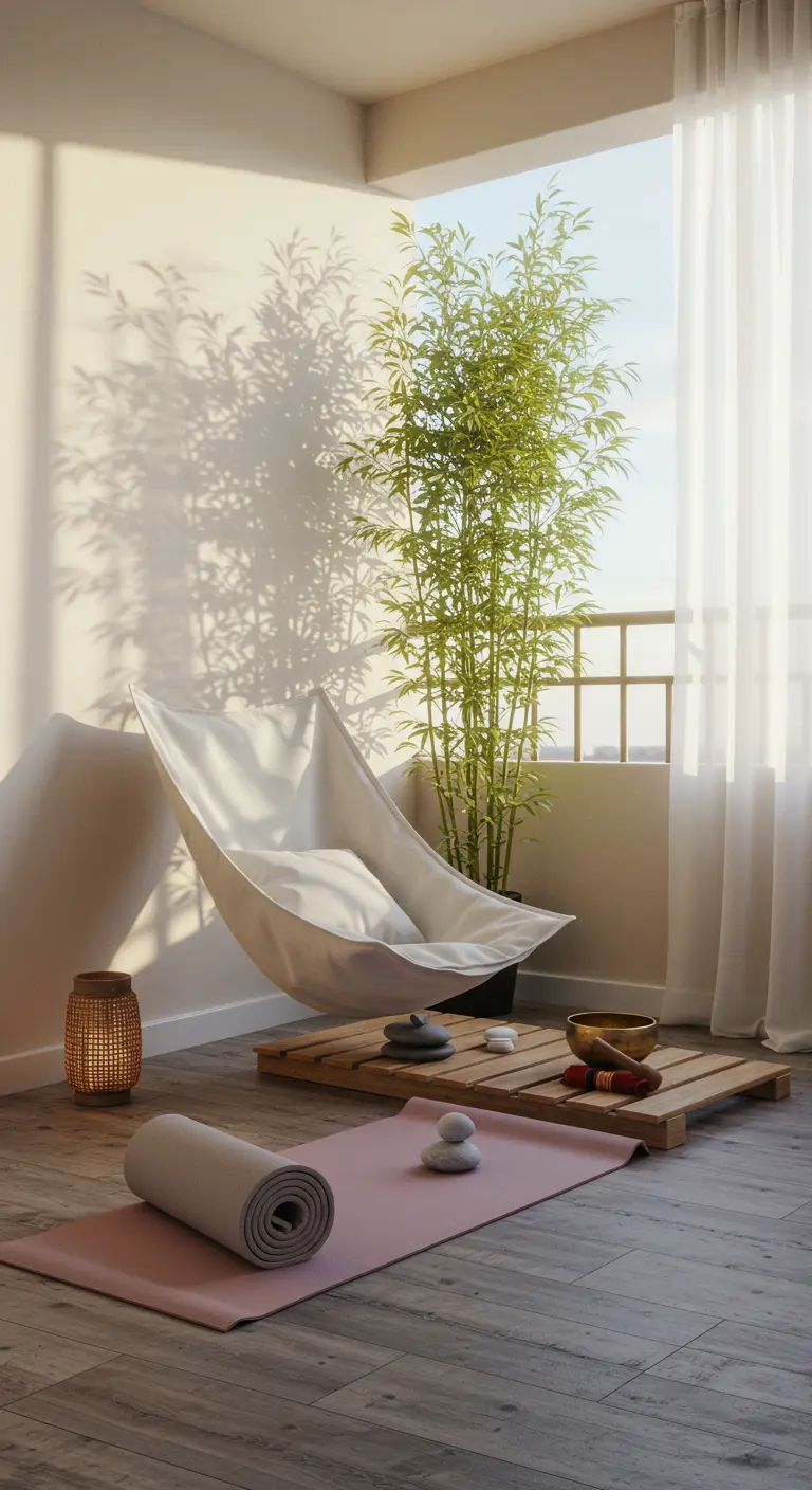 Witte canvas hangstoel in een lichte ruimte met bamboe, yogamat en meditatie-elementen.