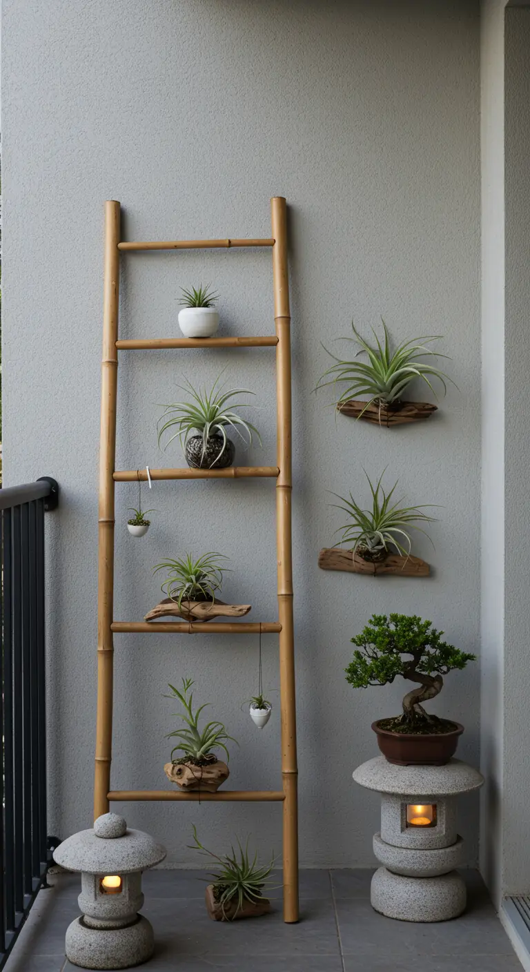 Bamboe ladder als plantenrek met luchtplantjes en bonsai, Japanse lantaarns op modern balkon.