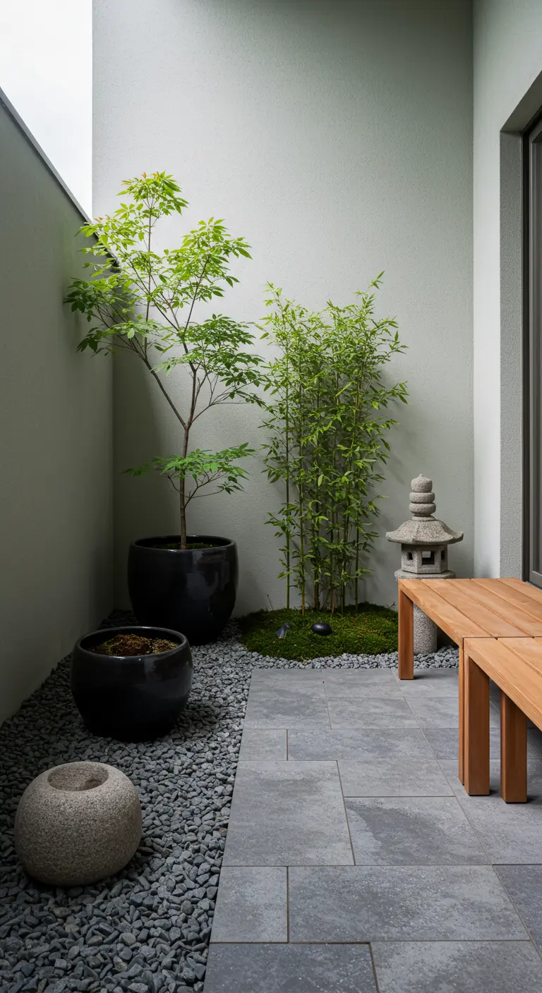 Minimalistische patio met Japanse esdoorn en bamboe in potten, grind en een houten bankje.