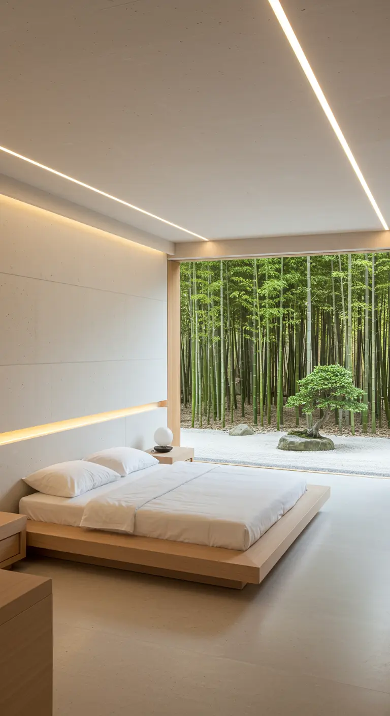 Minimalistische slaapkamer met laag bed, uitzicht op bamboetuin, strakke lijnen en indirect licht.