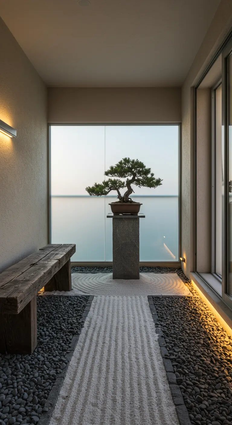 Minimalistisch balkon met bonsai, houten bank, grindpad en uitzicht op zee.